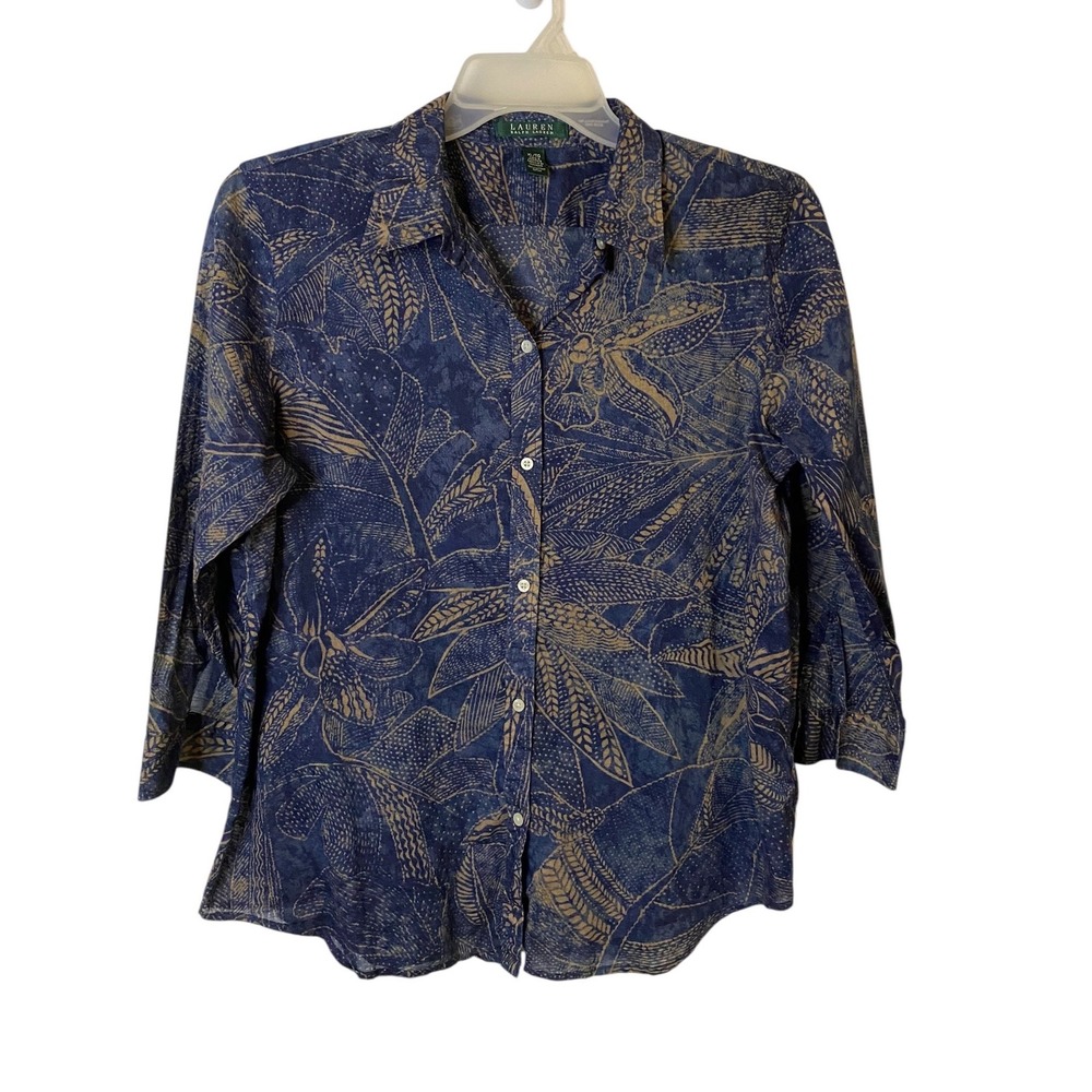 Lauren Ralph Lauren Womens XL Navy Tan Tropical Print Cotton 3/4 Sleeve Shirt